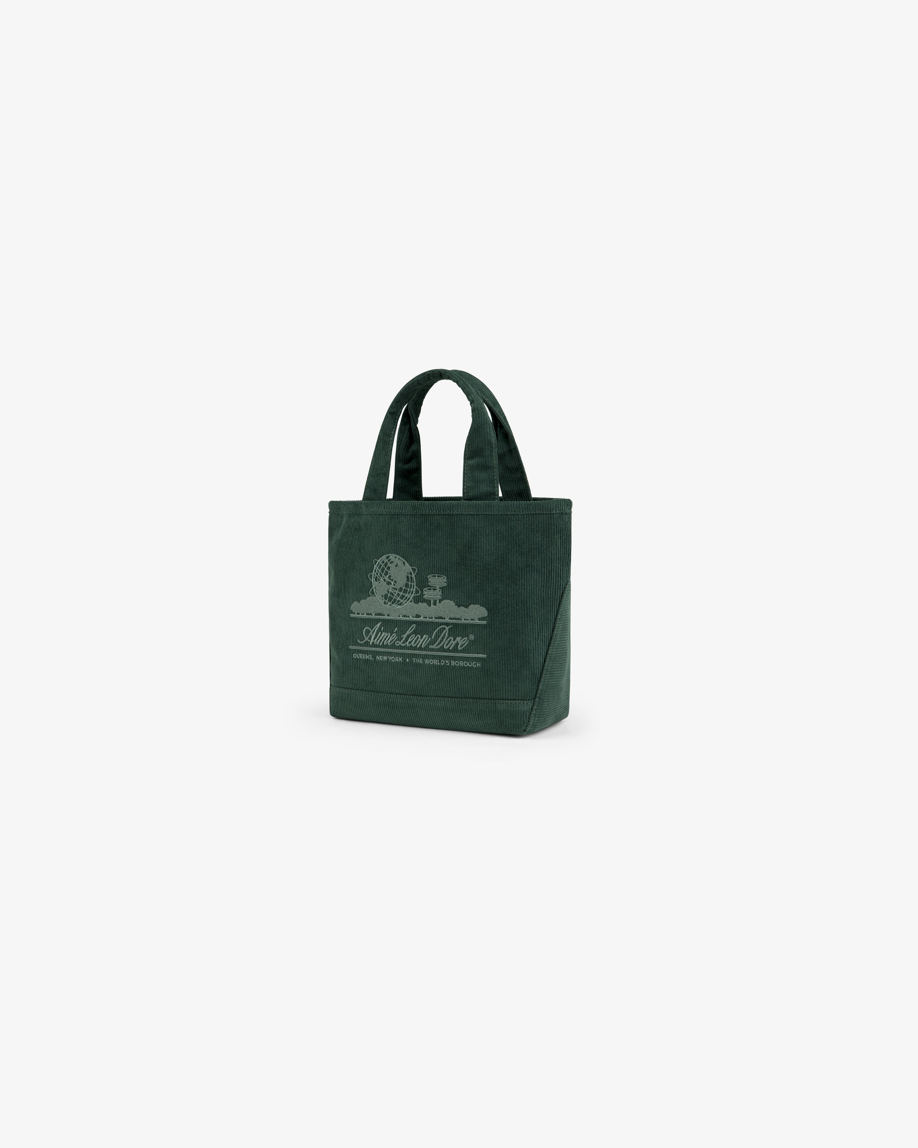 Dark green Mini Corduroy Unisphere Tote Bag featuring a graphic with a globe and branded text.