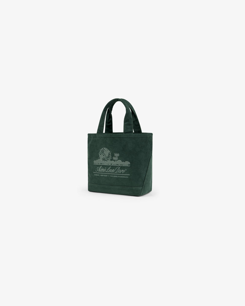 Dark green Mini Corduroy Unisphere Tote Bag featuring a graphic with a globe and branded text.