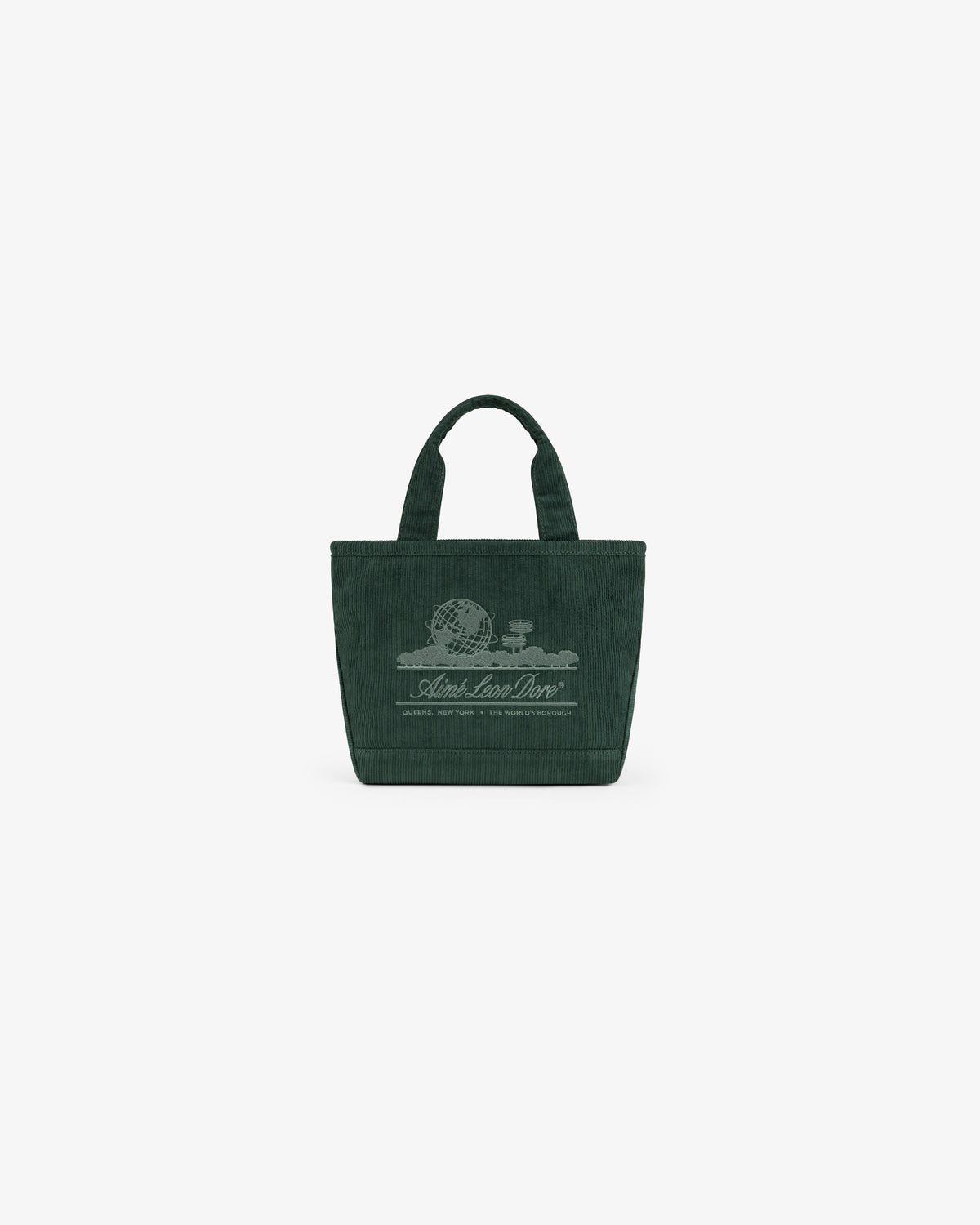 Dark green Mini Corduroy Unisphere Tote Bag with an embroidered globe graphic and logo text on the front.