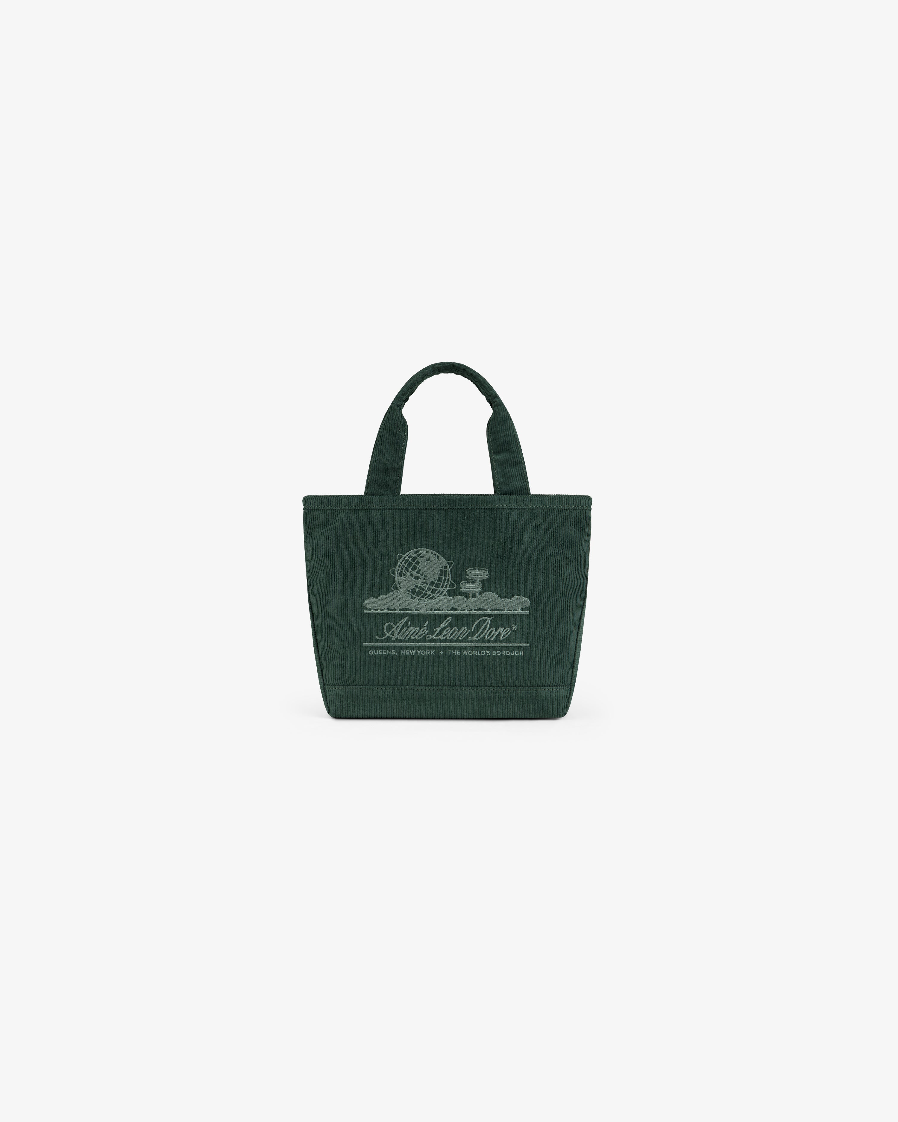 Dark green Mini Corduroy Unisphere Tote Bag with an embroidered globe graphic and logo text on the front.