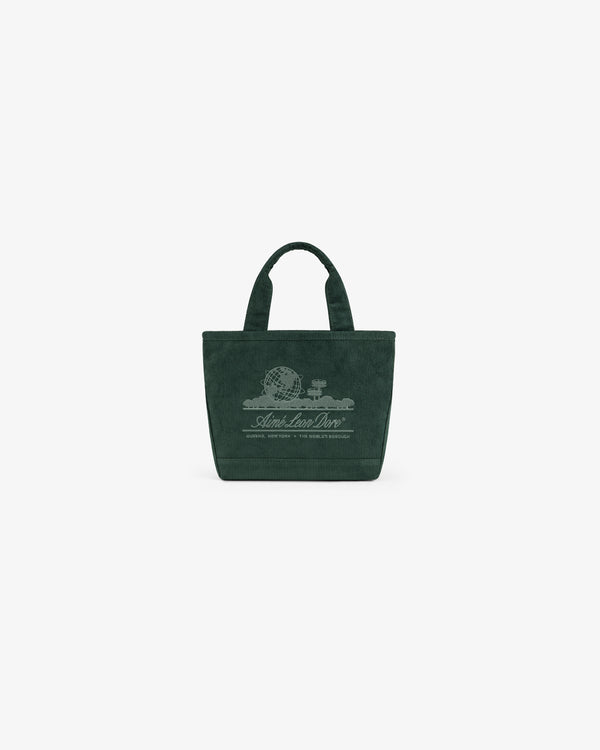 Dark green Mini Corduroy Unisphere Tote Bag with an embroidered globe graphic and logo text on the front.