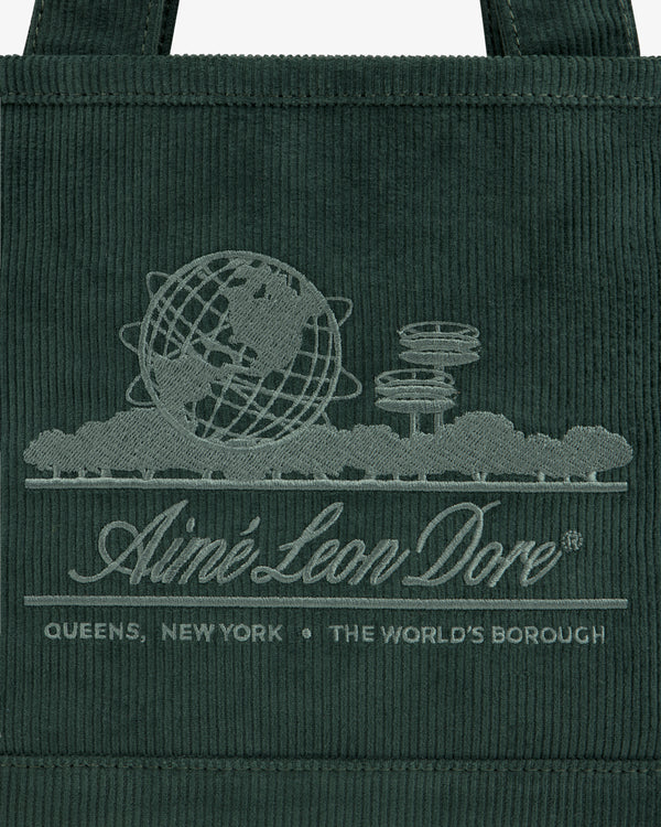 Dark green Mini Corduroy Unisphere Tote Bag featuring an embroidered globe, architectural towers, and Aimé Leon Dore text.