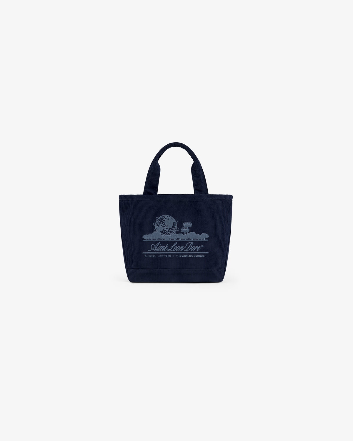 Navy Mini Corduroy Unisphere Tote Bag with a white embroidered globe logo and text on the front.