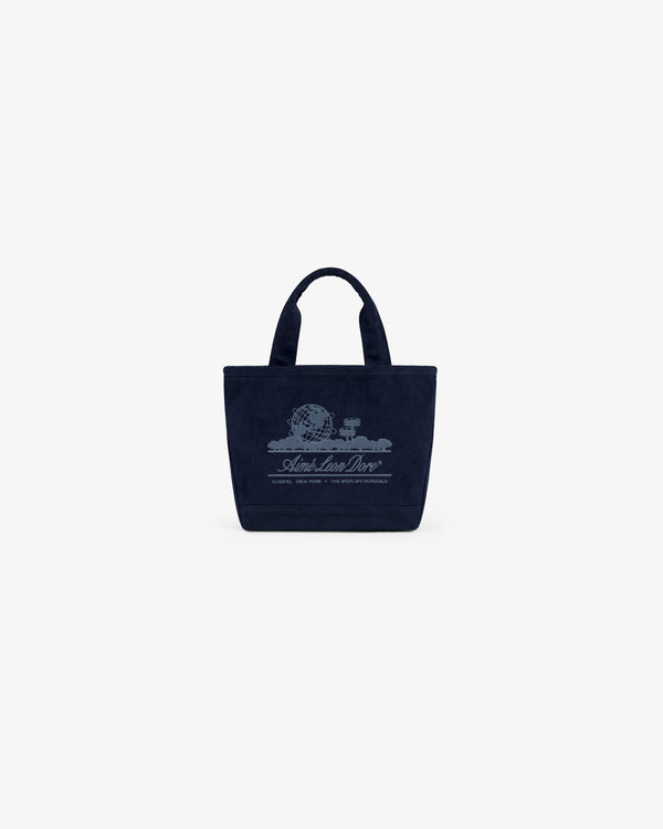 Navy Mini Corduroy Unisphere Tote Bag with a white embroidered globe logo and text on the front.