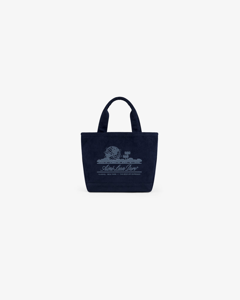 Navy Mini Corduroy Unisphere Tote Bag with a white embroidered globe logo and text on the front.