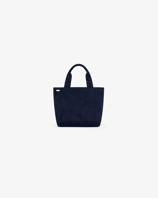 Mini Corduroy Unisphere Tote Bag in navy blue with two handles.