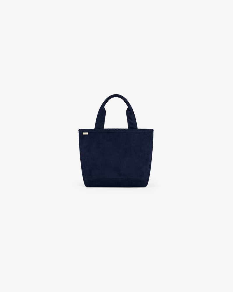 Mini Corduroy Unisphere Tote Bag in navy blue with two handles.