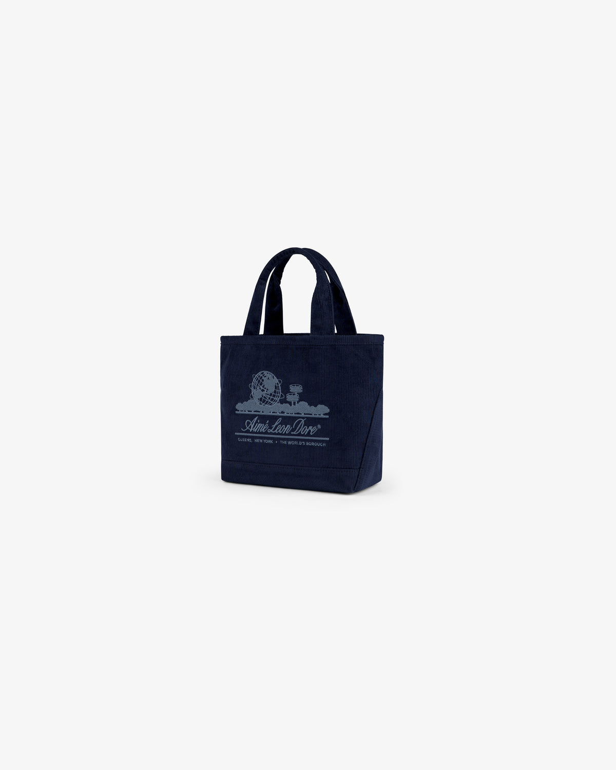 Navy blue Mini Corduroy Unisphere Tote Bag with a globe graphic and text on the front.