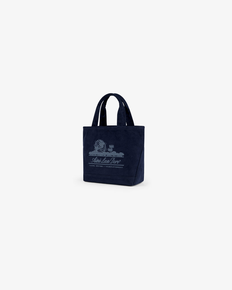 Navy blue Mini Corduroy Unisphere Tote Bag with a globe graphic and text on the front.