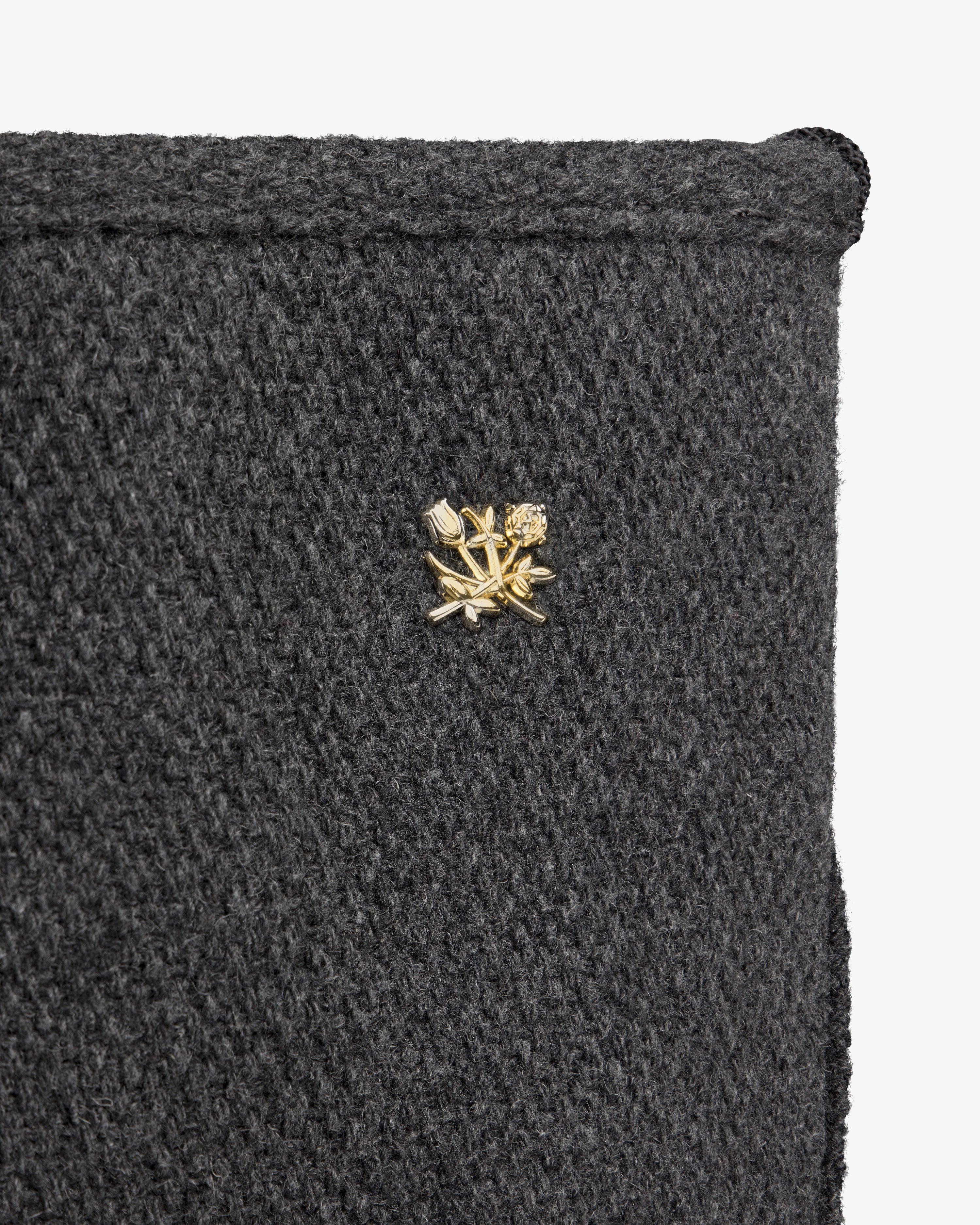 NY Highlanders Wool Tote Bag in dark grey textured wool with a small gold-toned floral pin.