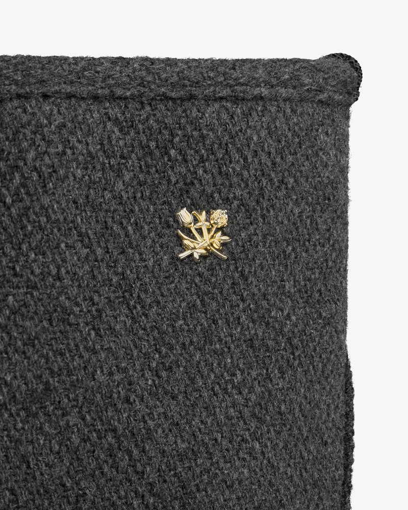 NY Highlanders Wool Tote Bag in dark grey textured wool with a small gold-toned floral pin.