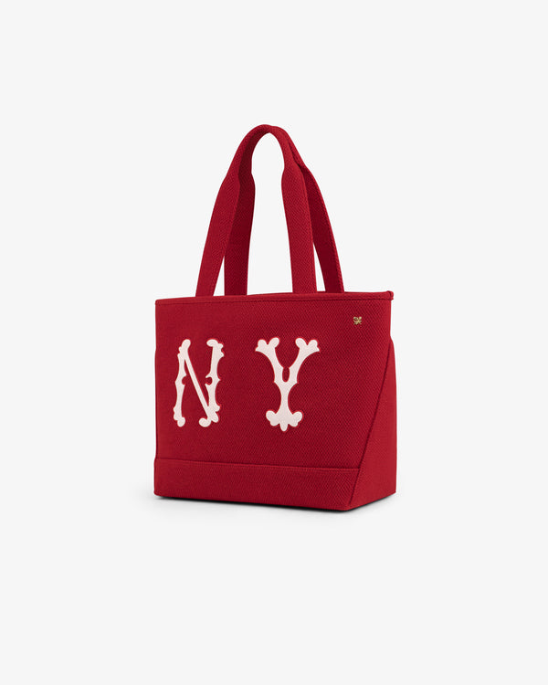 NY Highlanders Wool Tote Bag in red with white NY lettering in a stylized font.