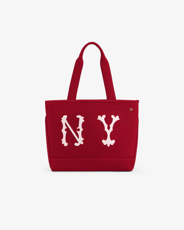 Red NY Highlanders Wool Tote Bag with white NY lettering on the front.