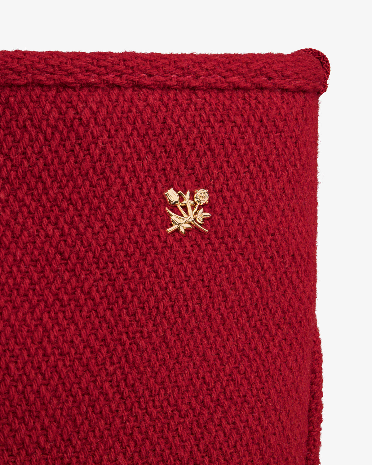 NY Highlanders Wool Tote Bag in red knit wool fabric featuring a gold floral pin.