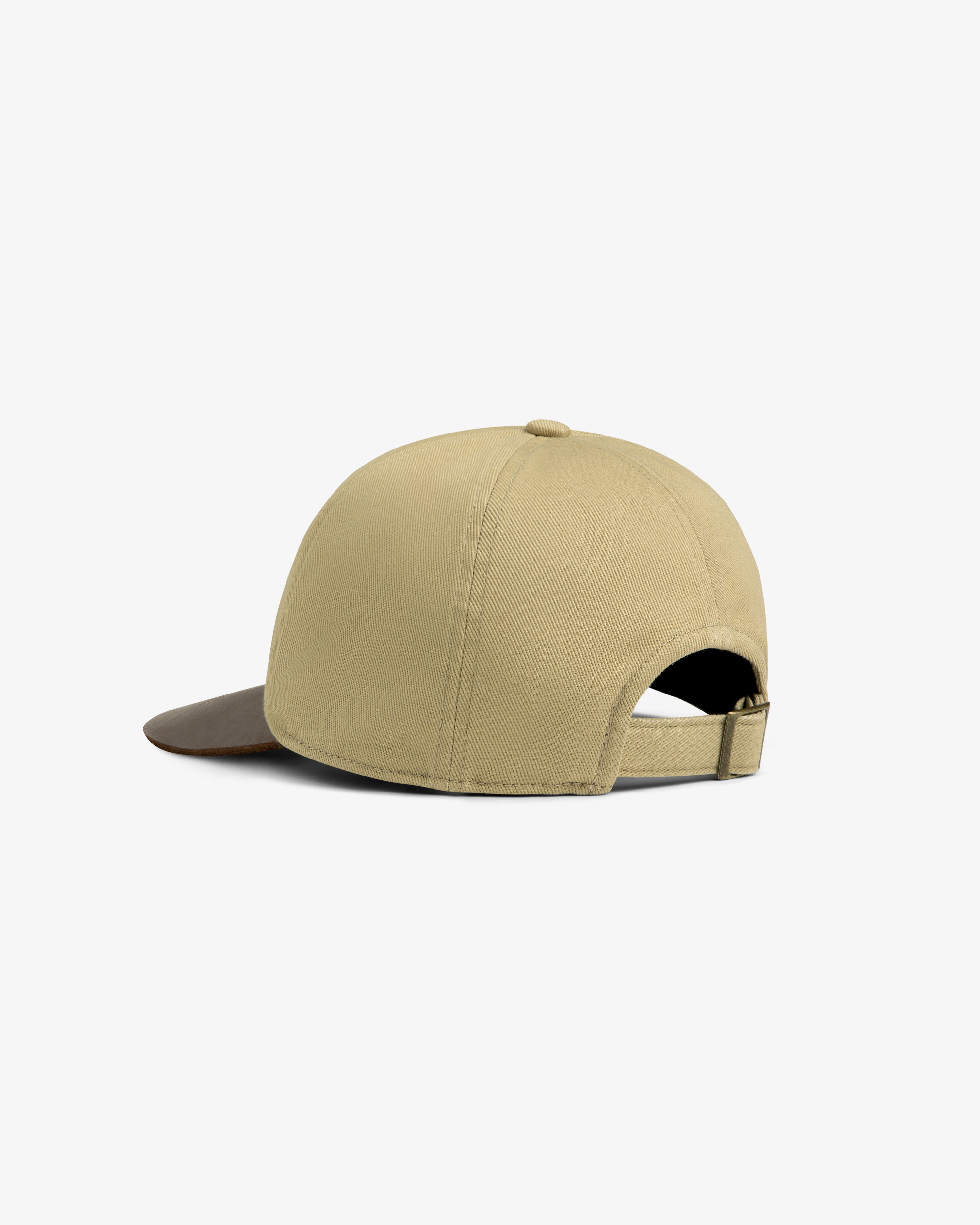 ALD/The North Face Leather Brim Logo Hat, tan with brown brim, back view shows adjustable strap and buckle.