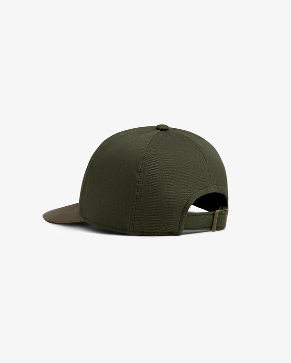 ALD / The North Face Leather Brim Logo Hat in green with a brown brim, back view showing an adjustable strap.