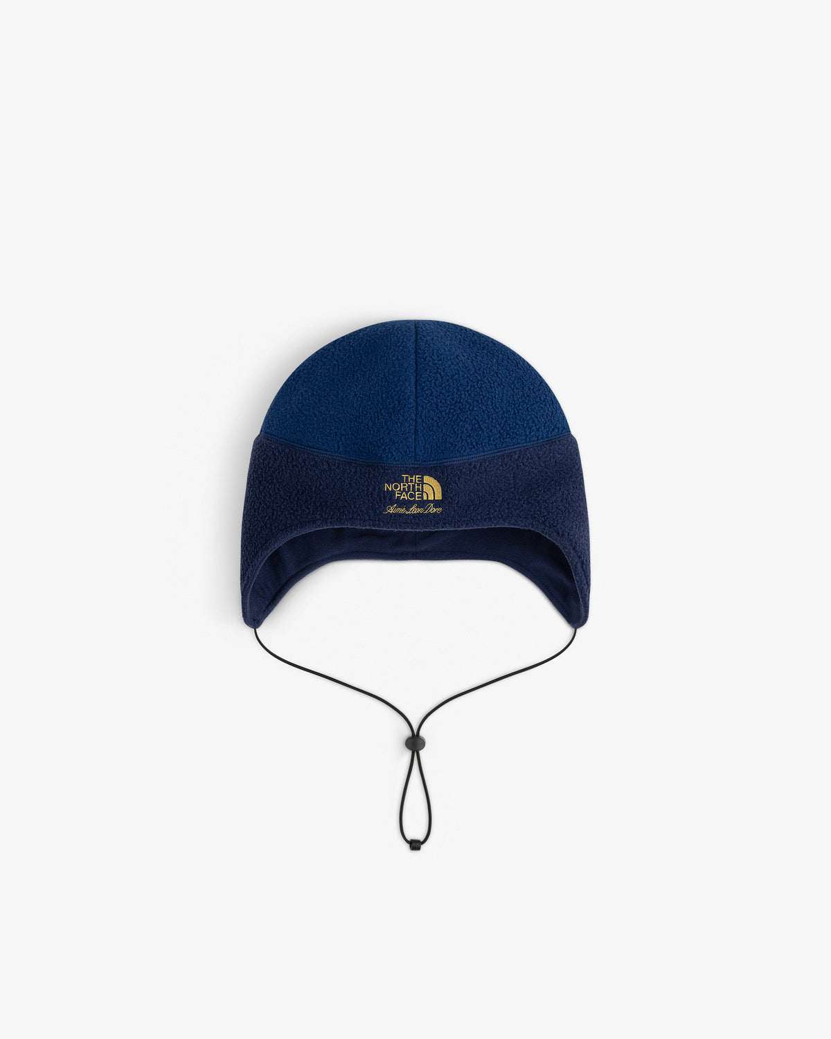 ALD / The North Face Fleece Earflap Hat – blue with black drawstring and front logo.