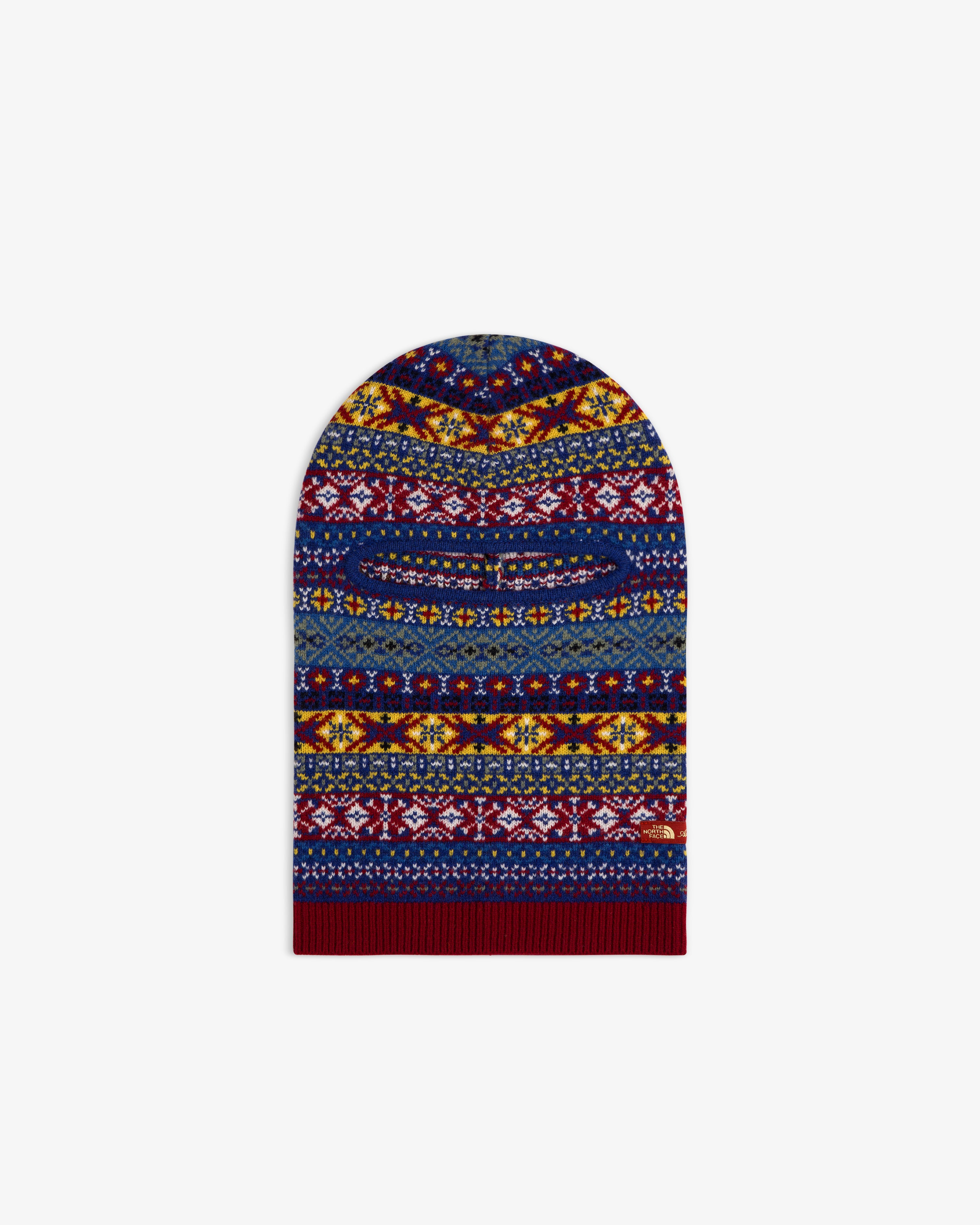 ALD/The North Face Fair Isle Balaclava with eye slit, blue, red, yellow & white geometric knit patterns.