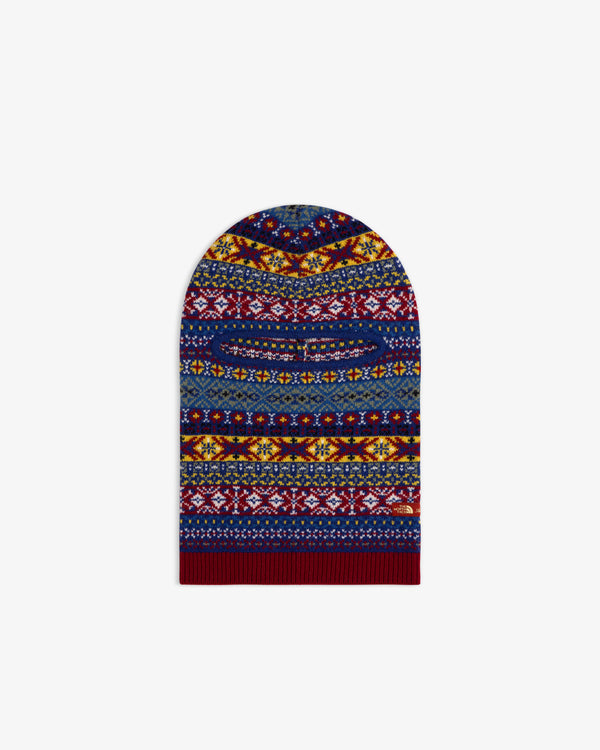 ALD/The North Face Fair Isle Balaclava with eye slit, blue, red, yellow & white geometric knit patterns.