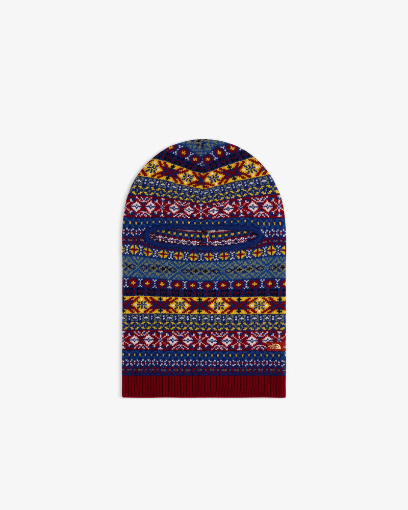 ALD/The North Face Fair Isle Balaclava with eye slit, blue, red, yellow & white geometric knit patterns.