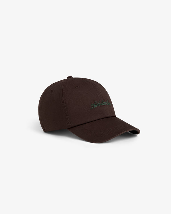 Washed Script Chino Hat in brown with green embroidery, shown on a plain white background.
