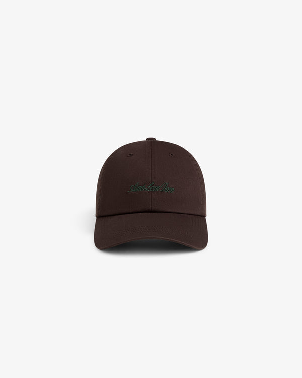 Washed Script Chino Hat in brown with green “Another One” embroidery, shown on a white background.