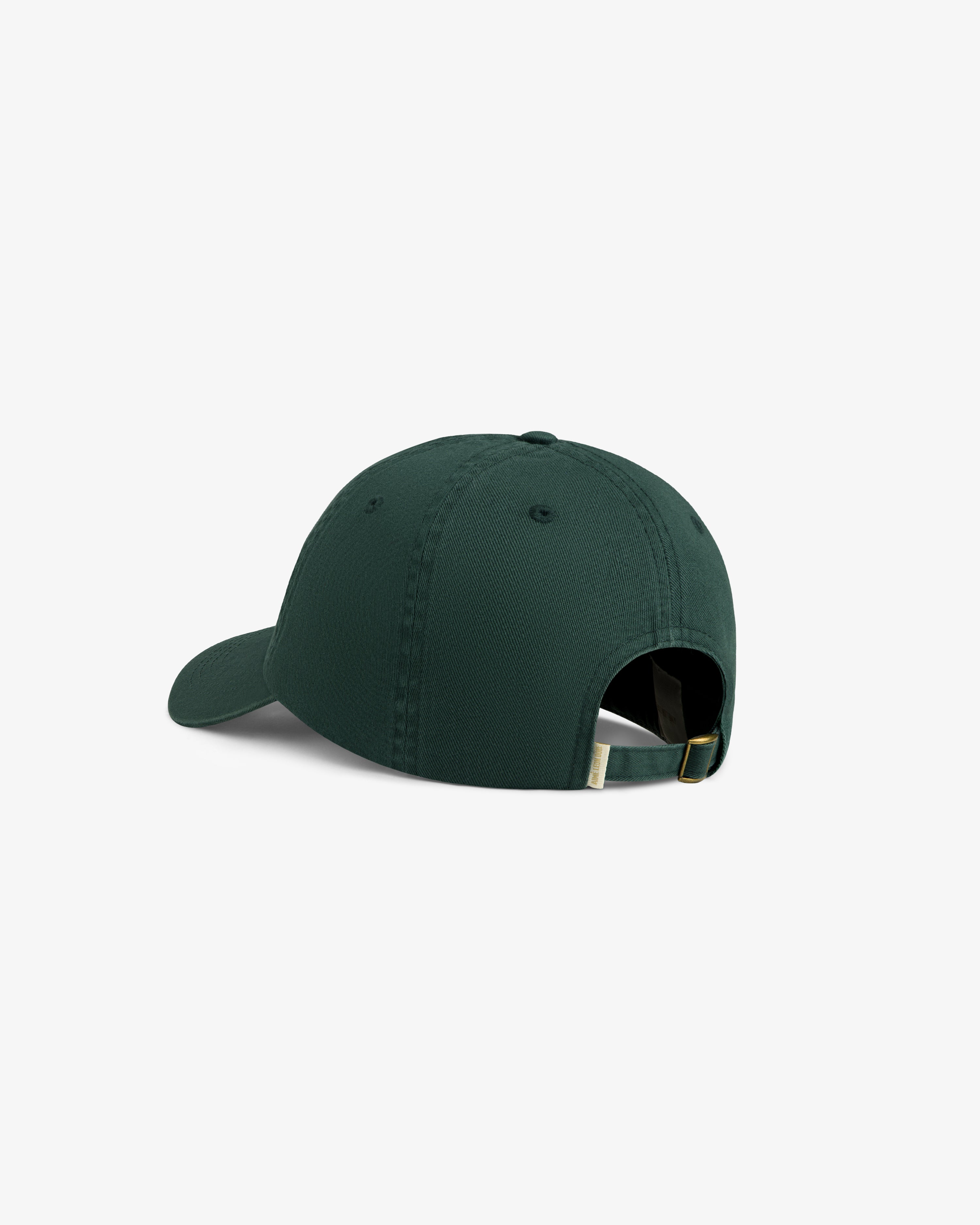 Washed Script Chino Hat in dark green, shown from the back with brass buckle and adjustable strap on white background.
