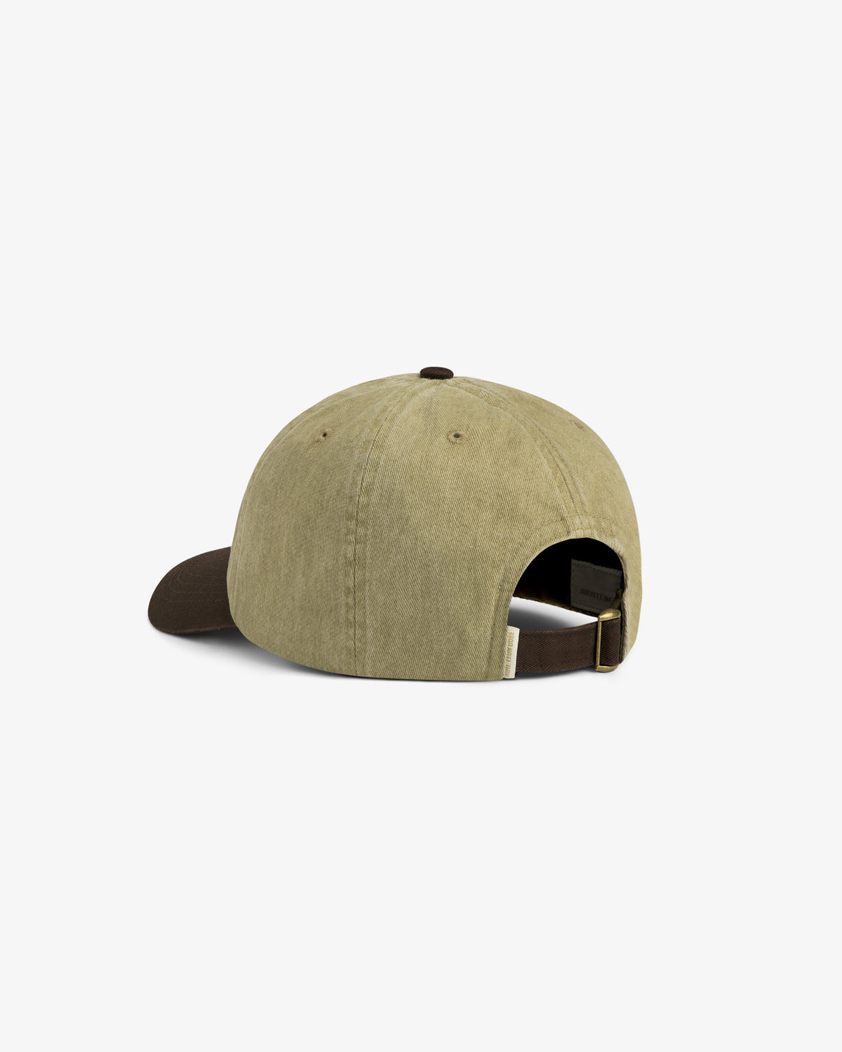 Pigment Dyed Logo Hat in olive green with brown brim, shown from the back with adjustable strap and metal buckle.