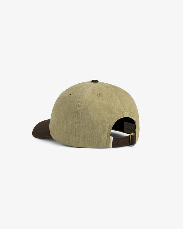Pigment Dyed Logo Hat in olive green with brown brim, shown from the back with adjustable strap and metal buckle.