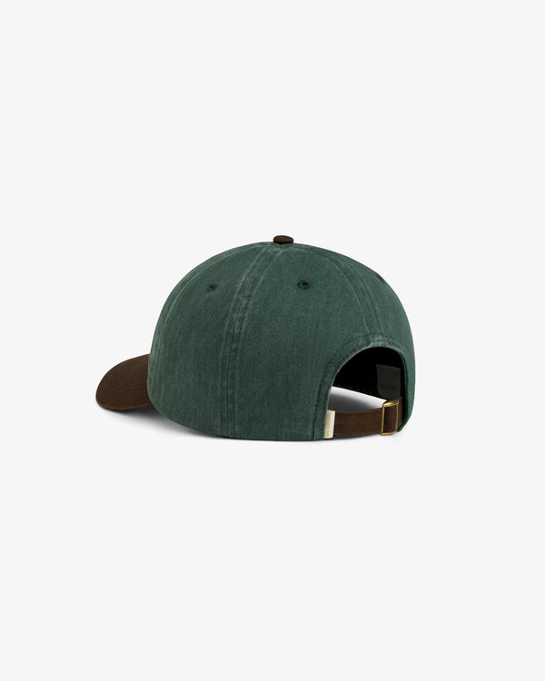 Pigment Dyed Logo Hat in green with brown brim, back view, features adjustable strap and metal buckle.