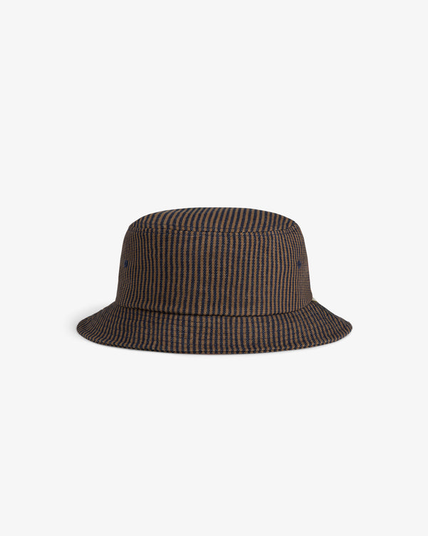 Hickory Stripe Bucket Hat in brown and black with a wide brim, shown on a plain white background.