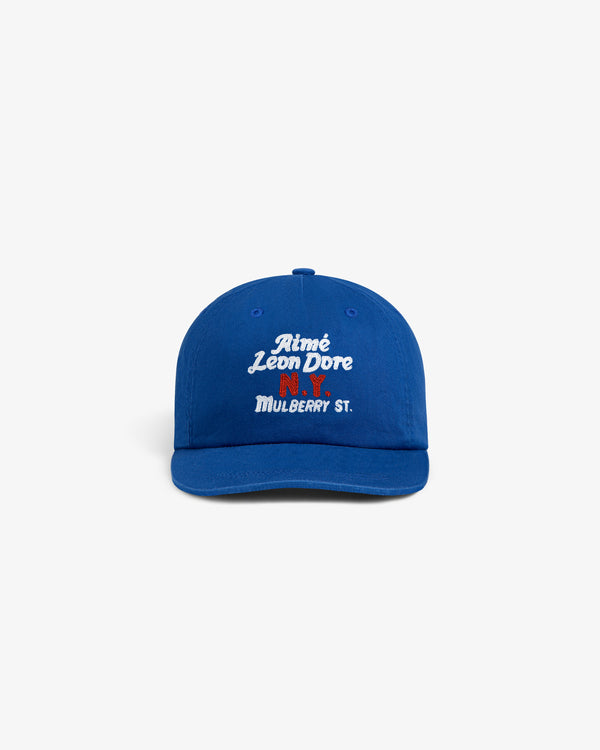 Mulberry Chainstitch Hat: Blue cap with Aimé Leon Dore N.Y. Mulberry St. chainstitched in white, red, and blue.