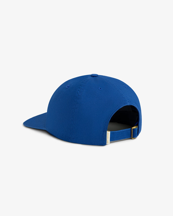 Mulberry Chainstitch Hat in blue, shown from the back with an adjustable strap and metal buckle.