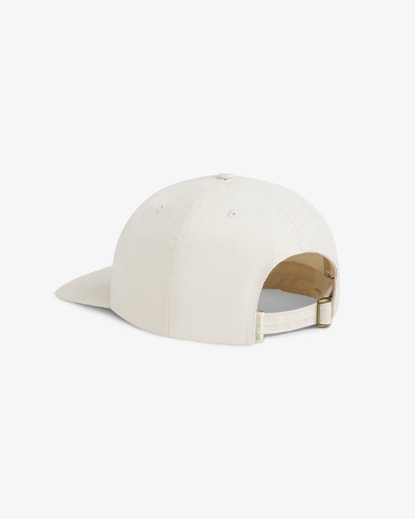 The Mulberry Chainstitch Hat, shown from the back, has a fabric strap and metal buckle for easy size adjustment.