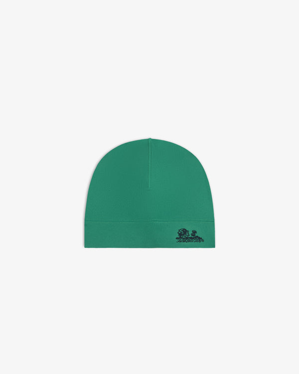Unisphere Skull Cap: Green beanie with small black embroidery near the bottom, shown on a white background.