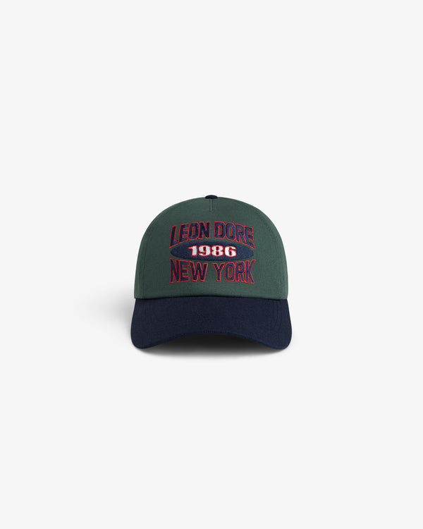 Colorblock Club Hat in green/navy with LEON DORE 1986 NEW YORK embroidered in red and white on the front.