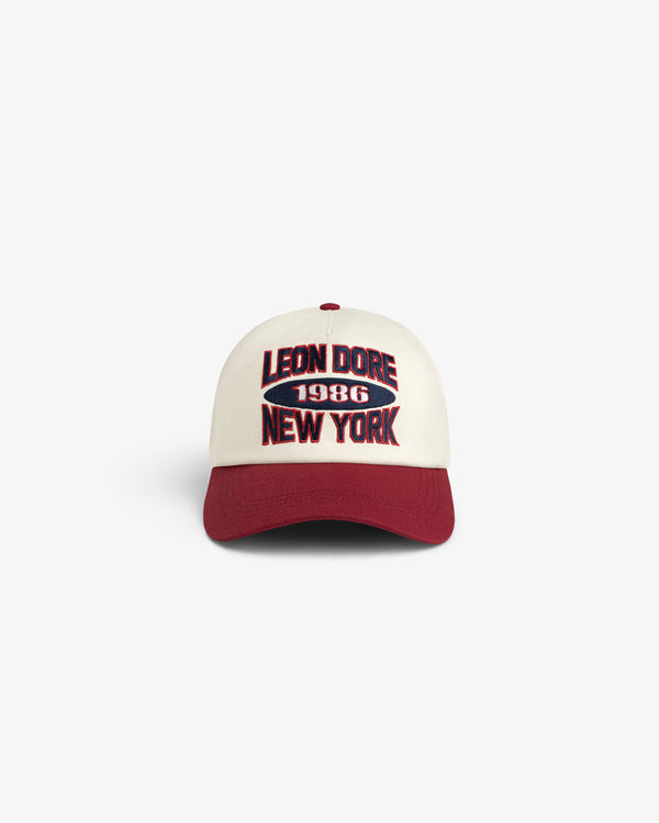 Colorblock Club Hat in cream/maroon with LEON DORE 1986 NEW YORK boldly embroidered on the front.