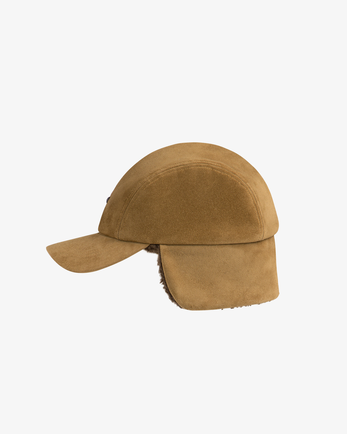 Tan suede Shearling Earflap Hat with fold-down earflaps lined with fur.