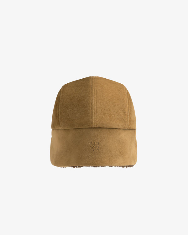Brown suede Shearling Earflap Hat with earflaps and a small embossed logo on the side.