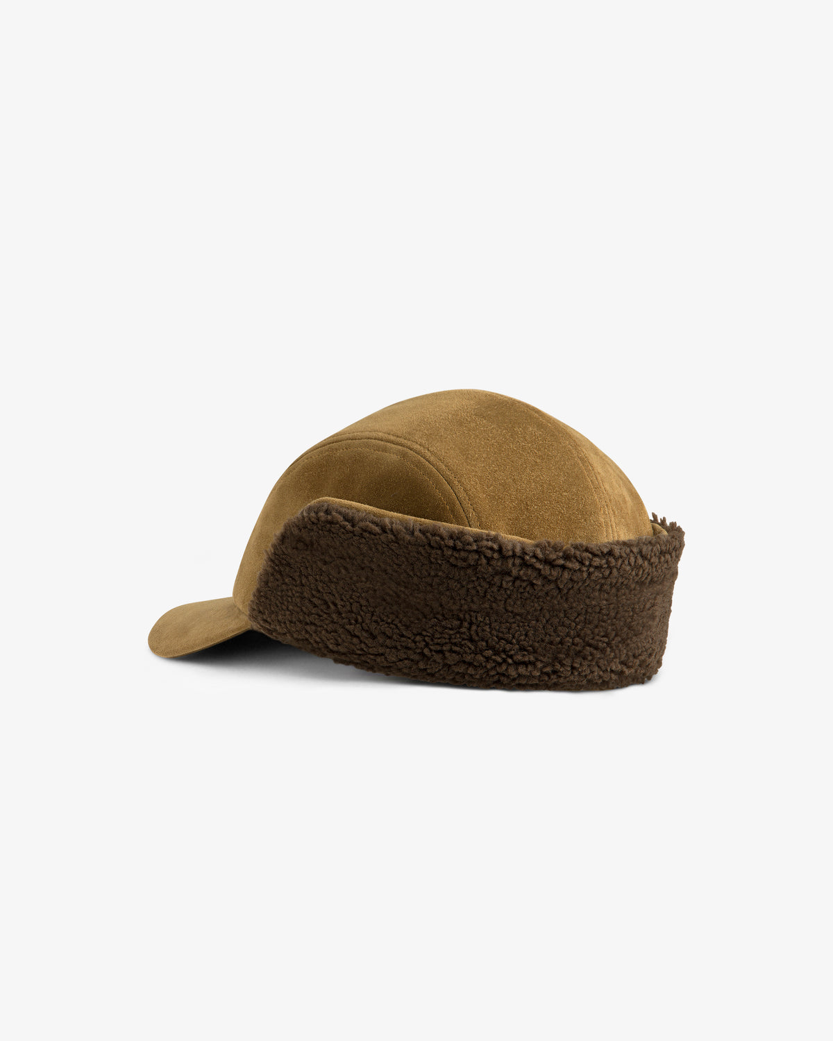 Brown Shearling Earflap Hat with a curved brim and a thick, textured fleece lining around the back and sides.