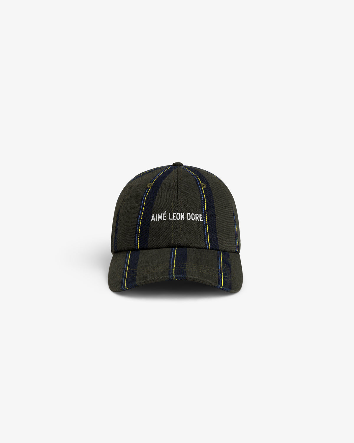 Striped Denim Logo Hat with white AIMÉ LEON DORE embroidery on front, green/navy stripes, shown against white background.