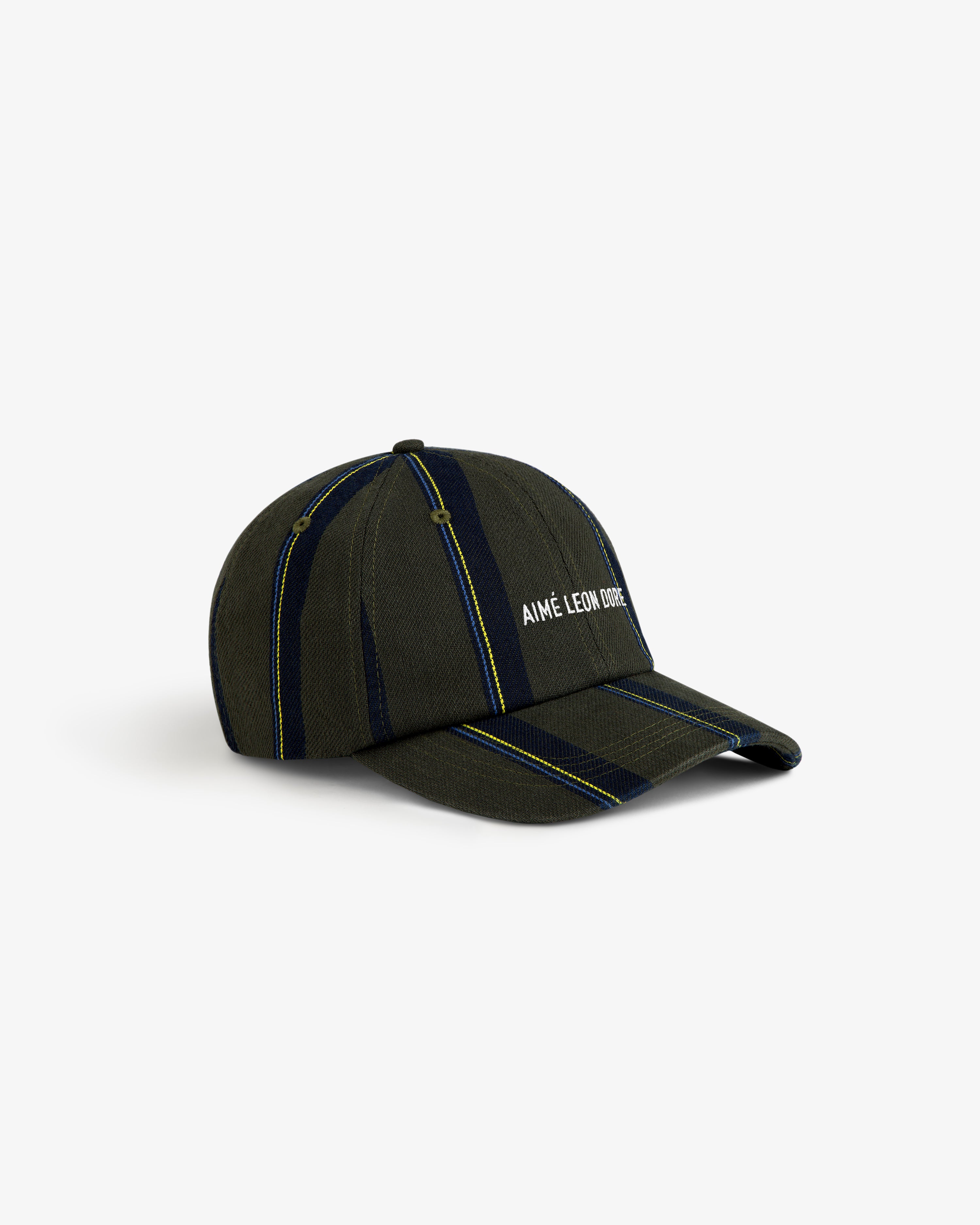 Striped Denim Logo Hat in green and blue with AIMÉ LEON DORE embroidered in white on the front.