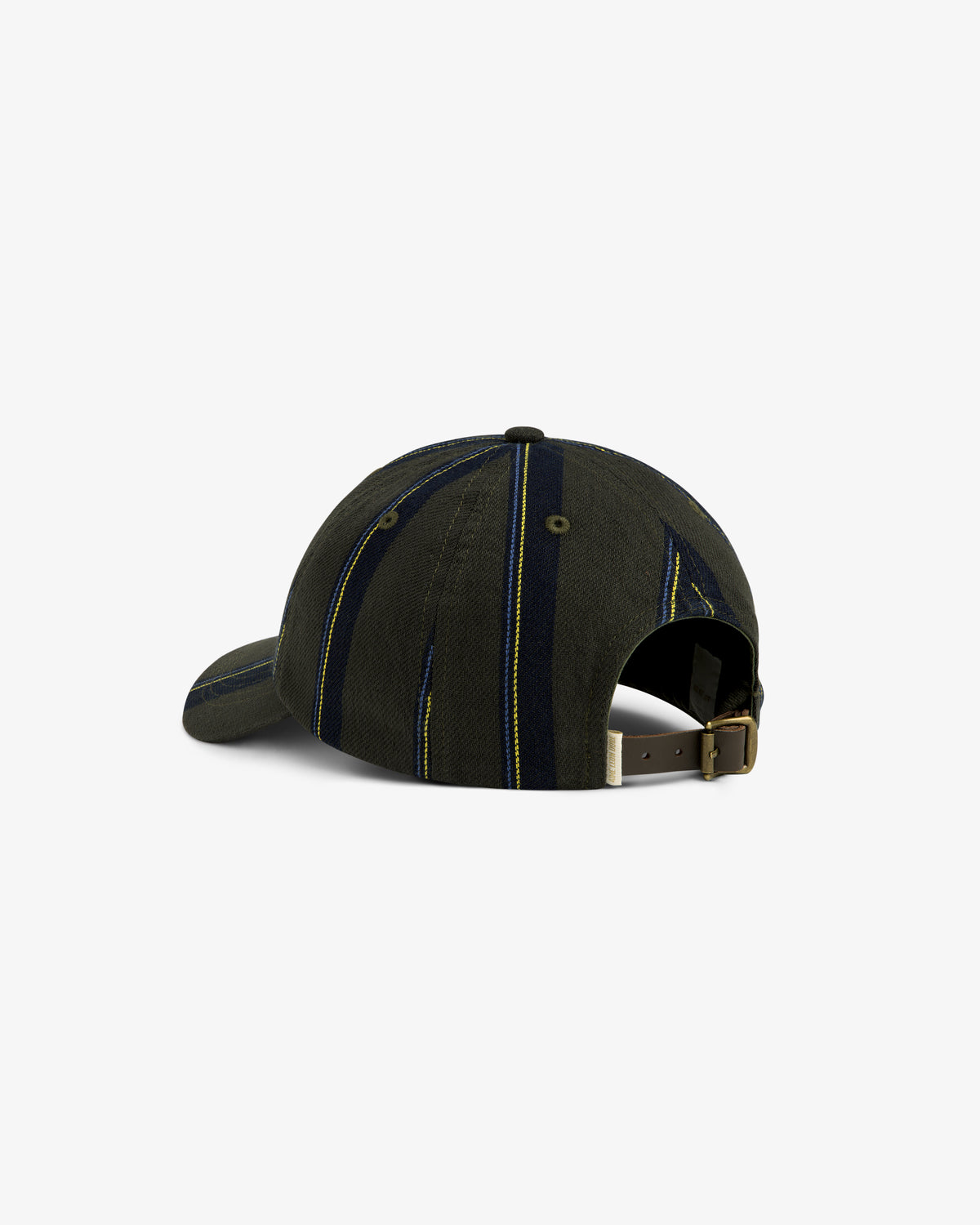 Striped Denim Logo Hat in green/navy, shown from the back with adjustable strap and metal buckle.
