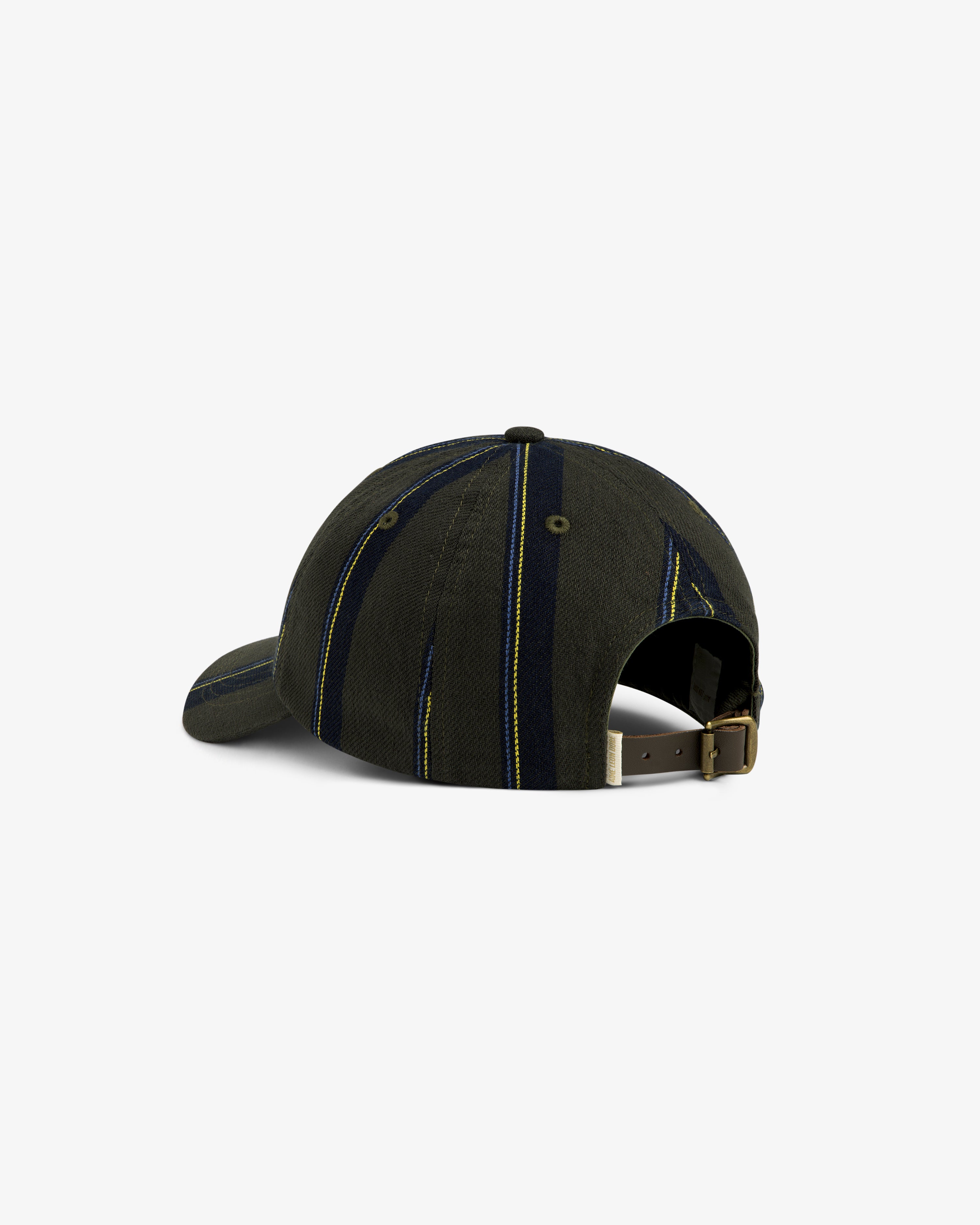 Striped Denim Logo Hat in green/navy, shown from the back with adjustable strap and metal buckle.