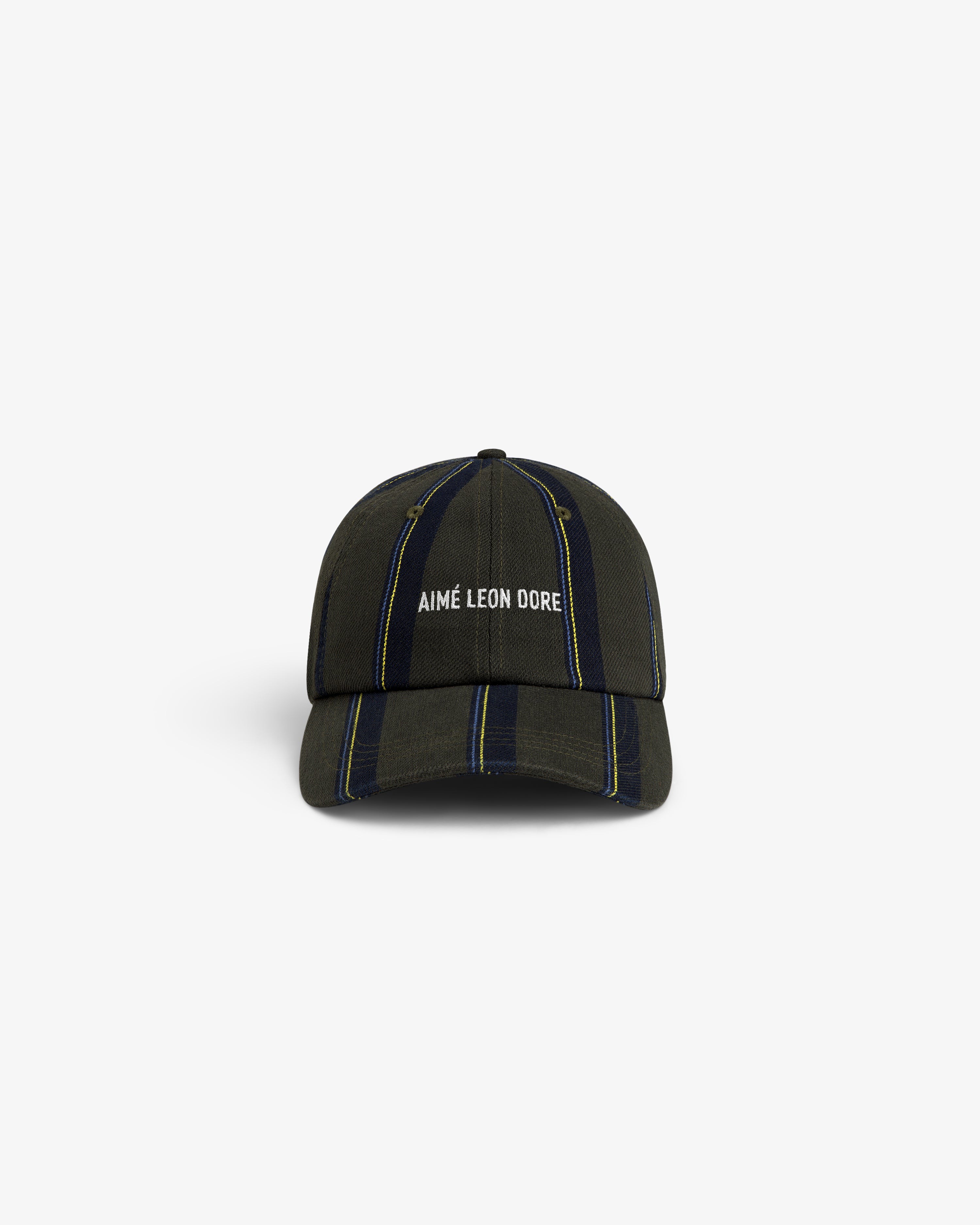 Striped Denim Logo Hat with white AIMÉ LEON DORE embroidery on front, green/navy stripes, shown against white background.