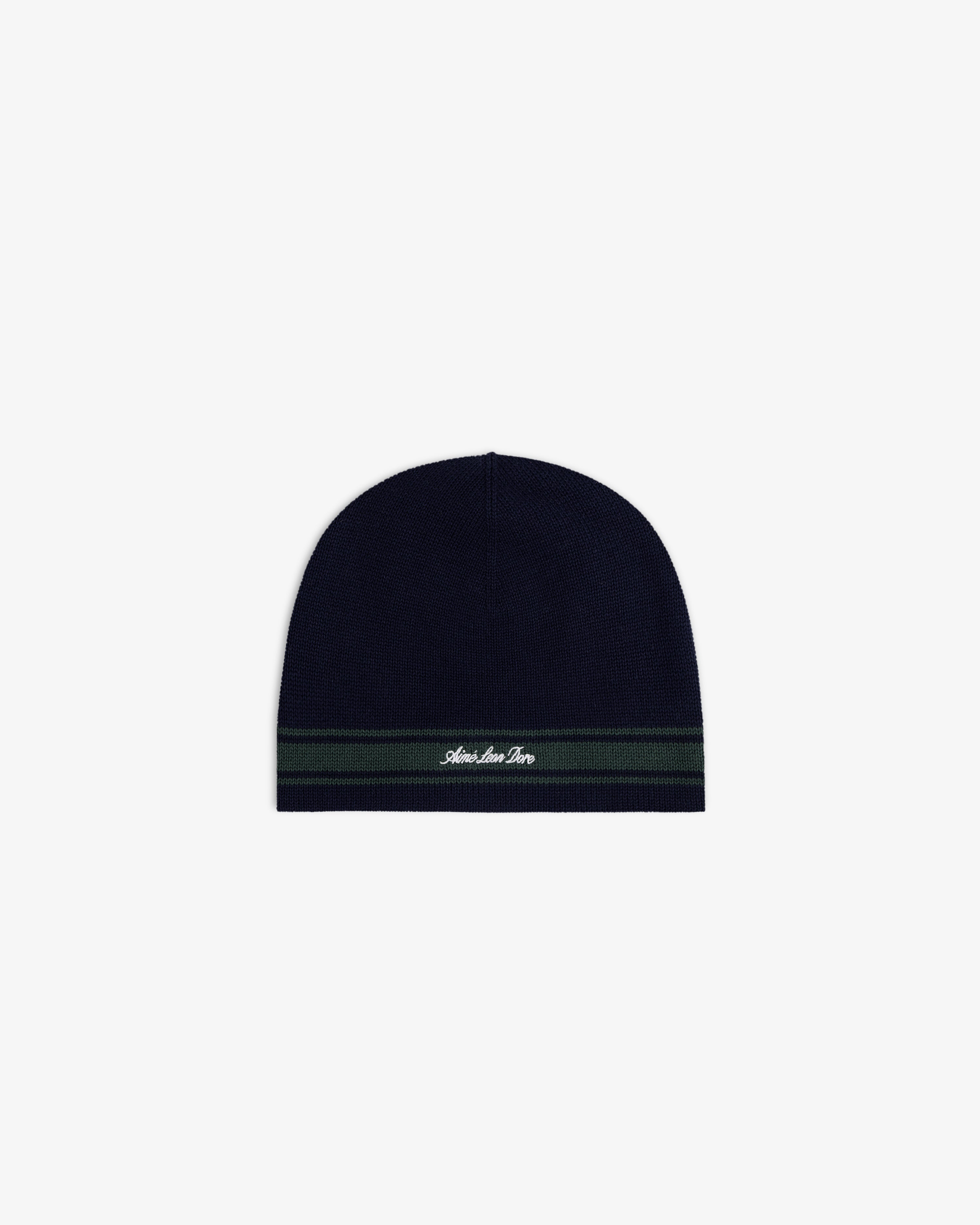 Stripe Knit Beanie: Navy knit beanie with a dark green edge stripe and small white script on the front.