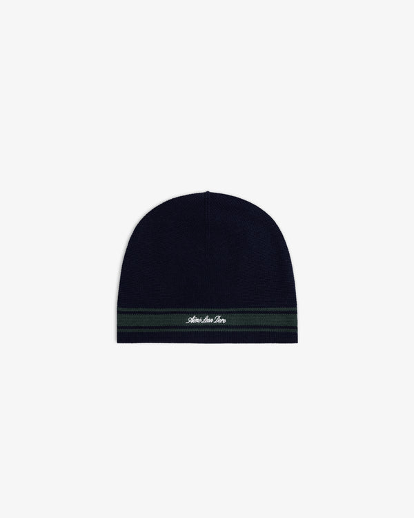 Stripe Knit Beanie: Navy knit beanie with a dark green edge stripe and small white script on the front.