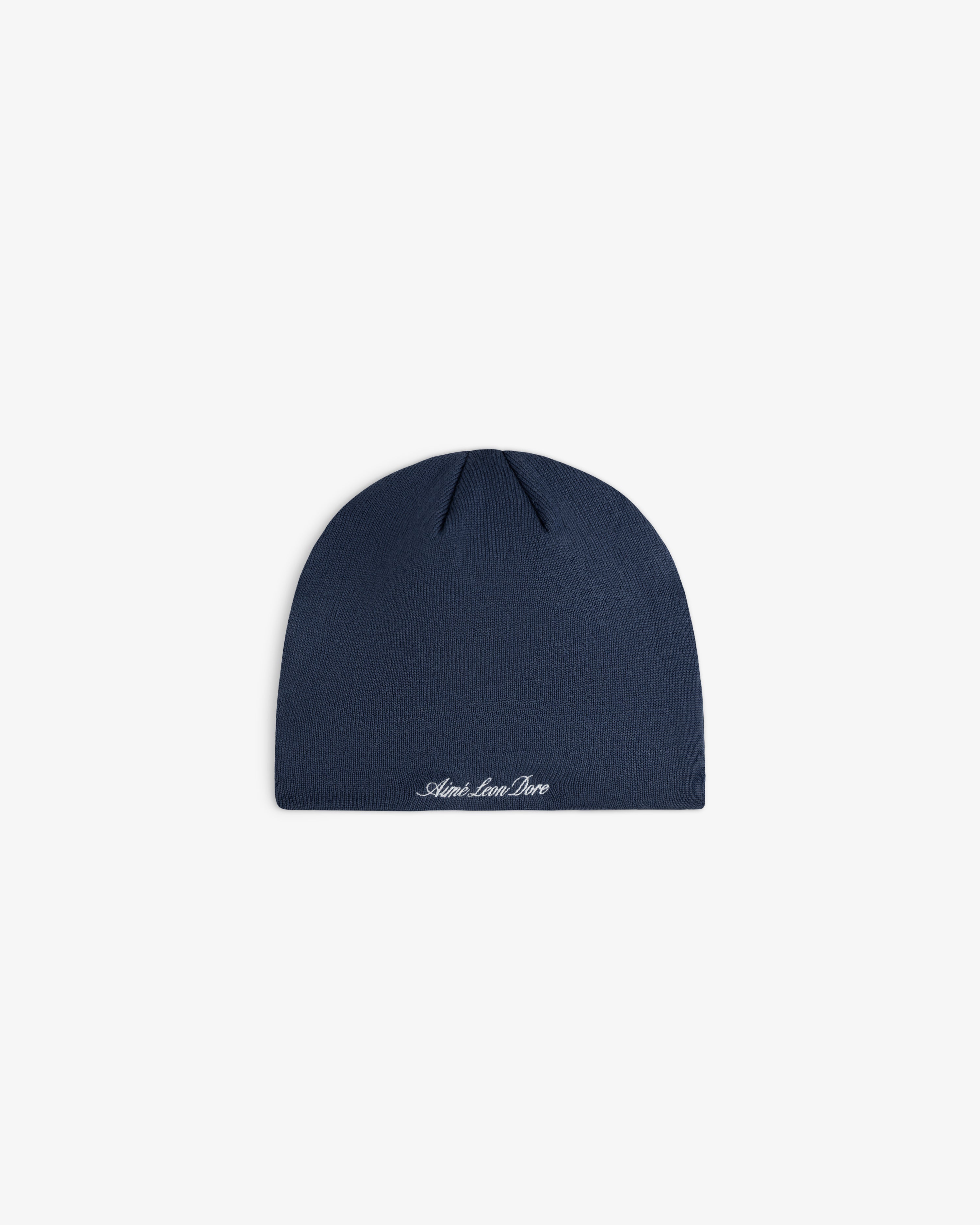 Navy blue ALD / New Era Dodgers Beanie with white embroidered script text at the hem.