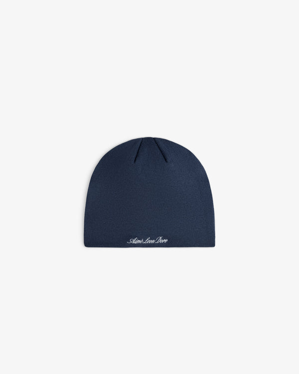 Navy blue ALD / New Era Dodgers Beanie with white embroidered script text at the hem.