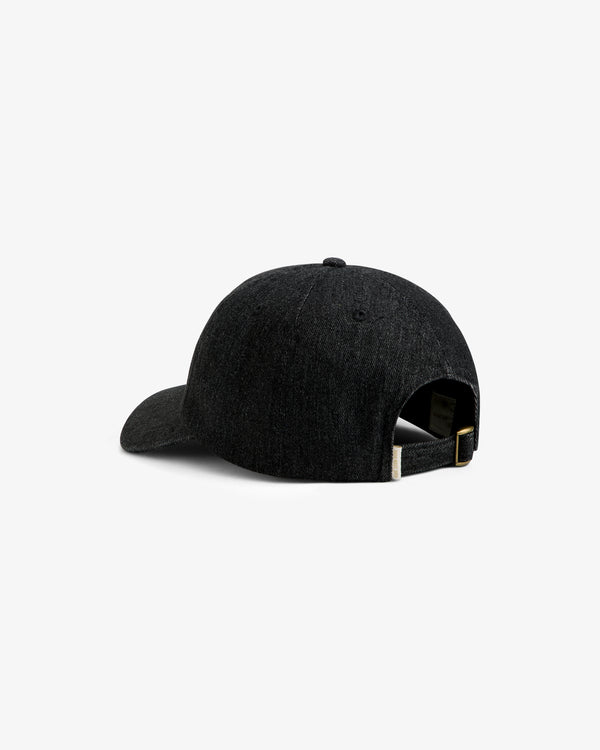Back view of the dark grey Aimé Retriever Hat, featuring an adjustable brass buckle strap.
